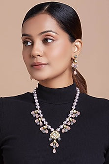 Gold Finish Necklace Set With Rose Quartz Drops