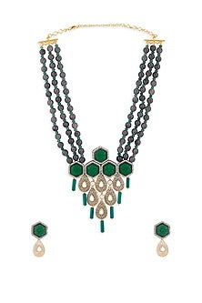 Gold Finish Necklace Set With Jade Beads
