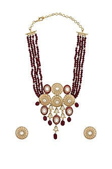 Gold Finish Necklace Set With Red Agate Beads
