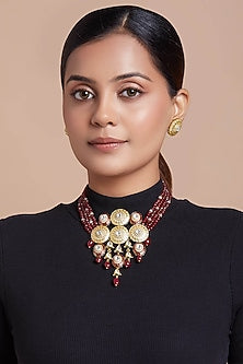 Gold Finish Necklace Set With Red Agate Beads
