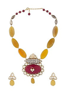 Gold Finish Red Onyx Long Necklace Set