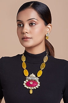 Gold Finish Red Onyx Long Necklace Set