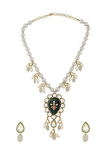 Gold Finish Green Onyx Long Necklace Set