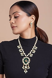 Gold Finish Green Onyx Long Necklace Set