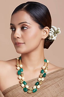 Gold Finish Green Onyx Long Necklace