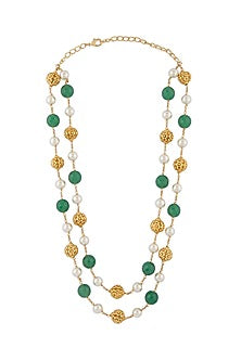 Gold Finish Green Agate Beaded Long Necklace