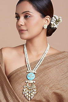 Gold Finish Turquoise Agate Long Necklace Set
