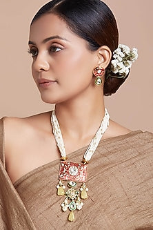 Gold Finish Yellow Onyx Long Necklace Set