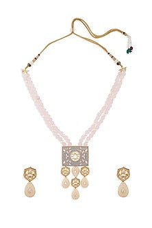 Gold Finish Rose Quartz Long Necklace Set