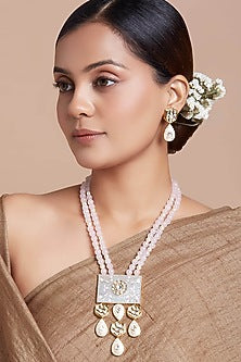 Gold Finish Rose Quartz Long Necklace Set