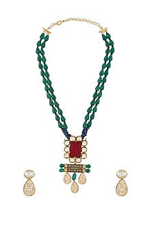 Gold Finish Green Agate Drop Long Necklace Set
