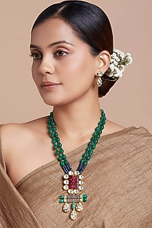 Gold Finish Green Agate Drop Long Necklace Set