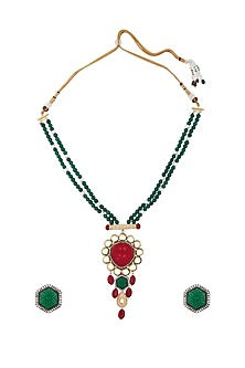 Gold Finish Green Onyx Long Necklace Set