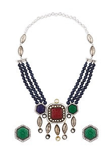 Gold Finish Blue Agate Beaded Long Necklace Set