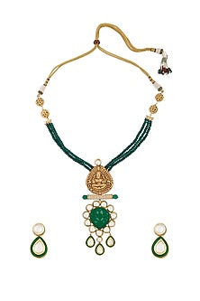 Gold Finish Green Onyx Beaded Long Necklace Set