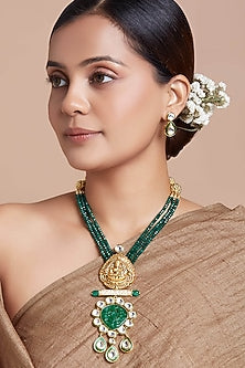 Gold Finish Green Onyx Beaded Long Necklace Set