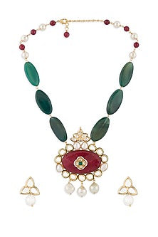 Gold Finish White Baroque Pearl Long Necklace Set