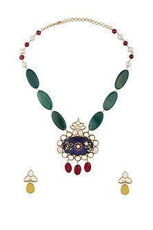 Gold Finish Cobalt Blue Onyx Long Necklace Set
