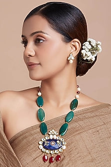 Gold Finish Cobalt Blue Onyx Long Necklace Set