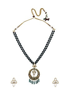 Gold Finish Grey Hydro Polkis Long Deep Blue Meenakari Necklace Set