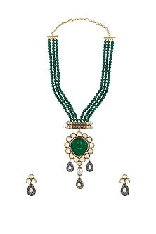 Gold Finish Green Onyx Beaded Long Blue Meenakari Necklace Set