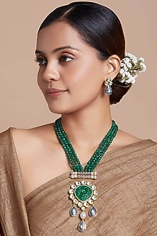Gold Finish Green Onyx Beaded Long Blue Meenakari Necklace Set