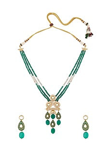 Gold Finish Green Jade Drop Long Meenakari Necklace Set