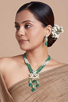 Gold Finish Green Jade Drop Long Meenakari Necklace Set