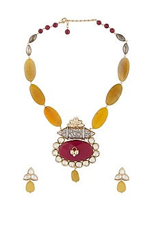 Gold Finish Yellow Agate Tumble Long Necklace Set