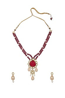 Gold Finish Red Onyx Beaded Long Necklace Set