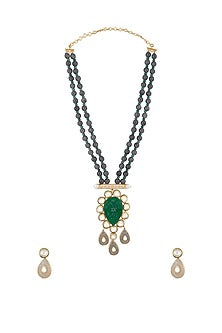 Gold Finish Hydro Polki Long Grey Meenakari Necklace Set
