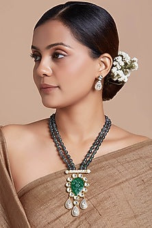 Gold Finish Hydro Polki Long Grey Meenakari Necklace Set