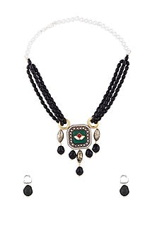 Gold Finish Black Onyx Beads Long Necklace Set