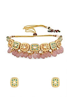Gold Finish Jade Tumble Multi-Colored Meenakari Choker Necklace Set