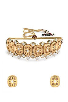 Gold Finish Shell Pearl Peach Meenakari Choker Necklace Set