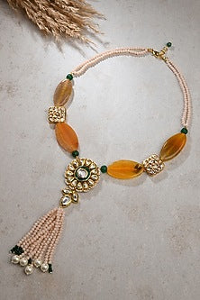 Gold Finish Kundan Polki & Yellow Agate Handcrafted Necklace