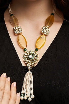 Gold Finish Kundan Polki & Yellow Agate Handcrafted Necklace
