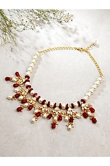 Gold Finish Pearl & Red Agate Handcrafted Necklace