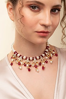 Gold Finish Pearl & Red Agate Handcrafted Necklace