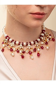 Gold Finish Pearl & Red Agate Handcrafted Necklace