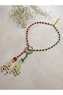 Gold Finish Red & Green Agate Handcrafted Long Necklace