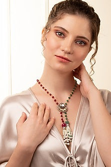Gold Finish Red & Green Agate Handcrafted Long Necklace