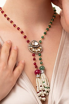 Gold Finish Red & Green Agate Handcrafted Long Necklace