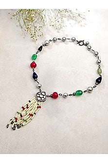 Gold Finish Pearl & Multi-Colored Agate Handcrafted Necklace