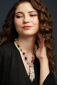 Gold Finish Pearl & Multi-Colored Agate Handcrafted Necklace