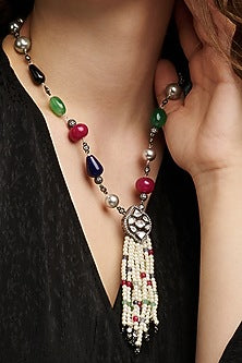 Gold Finish Pearl & Multi-Colored Agate Handcrafted Necklace