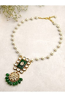 Gold Finish Kundan Polki & Pearl Pendant Necklace
