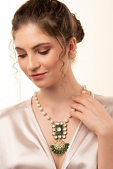 Gold Finish Kundan Polki & Pearl Pendant Necklace