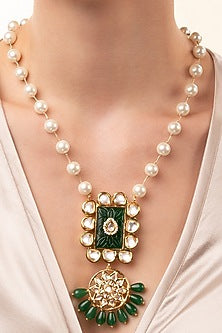 Gold Finish Kundan Polki & Pearl Pendant Necklace