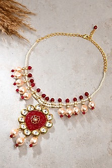 Gold Finish Kundan Polki & Red Agate Necklace